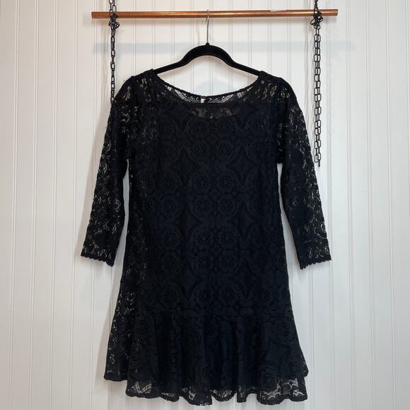 Free People Women’s Walking To The Sun Lace Dress Black Mini 3/4 Sleeve Size 2 - Picture 2 of 7